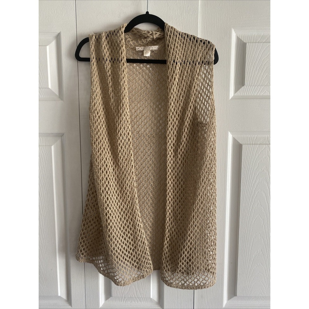 Belford Open Knit Crochet Vest Womens Size‎ S Tan Beige Linen Boho Cardigan